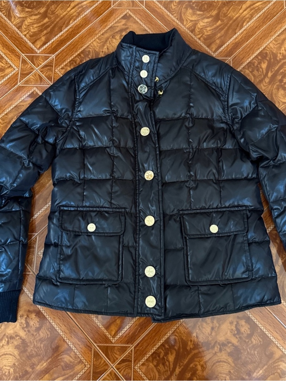 Tory Burch Black Quilted Puffer Jacket with Gold-Tone Buttons
